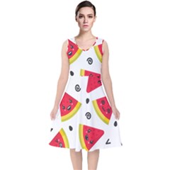 Cute Smiling Watermelon Seamless Pattern White Background V-neck Midi Sleeveless Dress 