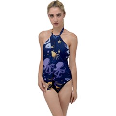 Marine Seamless Pattern Thin Line Memphis Style Go With The Flow One Piece Swimsuit