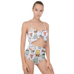 Funny Seamless Pattern With Cartoon Monsters Personage Colorful Hand Drawn Characters Unusual Creatu Scallop Top Cut Out Swimsuit