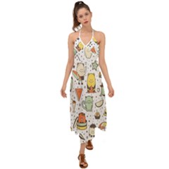 Funny Seamless Pattern With Cartoon Monsters Personage Colorful Hand Drawn Characters Unusual Creatu Halter Tie Back Dress 