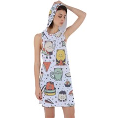 Funny Seamless Pattern With Cartoon Monsters Personage Colorful Hand Drawn Characters Unusual Creatu Racer Back Hoodie Dress