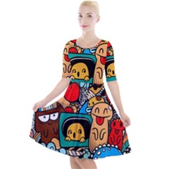 Abstract Grunge Urban Pattern With Monster Character Super Drawing Graffiti Style Quarter Sleeve A-line Dress