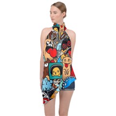 Abstract Grunge Urban Pattern With Monster Character Super Drawing Graffiti Style Halter Asymmetric Satin Top