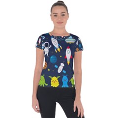 Big Set Cute Astronauts Space Planets Stars Aliens Rockets Ufo Constellations Satellite Moon Rover V Short Sleeve Sports Top  by Nexatart