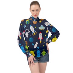 Big Set Cute Astronauts Space Planets Stars Aliens Rockets Ufo Constellations Satellite Moon Rover V High Neck Long Sleeve Chiffon Top by Nexatart