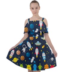 Big Set Cute Astronauts Space Planets Stars Aliens Rockets Ufo Constellations Satellite Moon Rover V Cut Out Shoulders Chiffon Dress by Nexatart