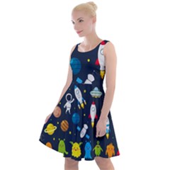 Big Set Cute Astronauts Space Planets Stars Aliens Rockets Ufo Constellations Satellite Moon Rover V Knee Length Skater Dress by Nexatart