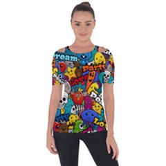 Graffiti Characters Seamless Pattern Shoulder Cut Out Short Sleeve Top