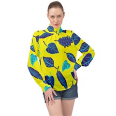 Leaves Pattern Picture Detail High Neck Long Sleeve Chiffon Top