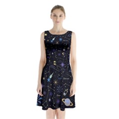 Starry Night  Space Constellations  Stars  Galaxy  Universe Graphic  Illustration Sleeveless Waist Tie Chiffon Dress