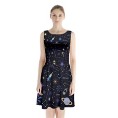 Starry Night  Space Constellations  Stars  Galaxy  Universe Graphic  Illustration Sleeveless Waist Tie Chiffon Dress by Nexatart