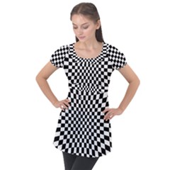 Illusion Checkerboard Black And White Pattern Puff Sleeve Tunic Top by Nexatart