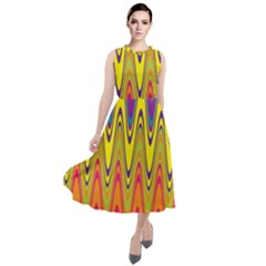 Retro Colorful Waves Background Round Neck Boho Dress