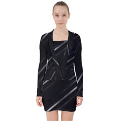 Minimalist Black Linear Abstract Print V-neck Bodycon Long Sleeve Dress by dflcprintsclothing