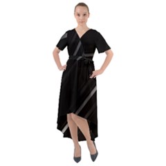 Minimalist Black Linear Abstract Print Front Wrap High Low Dress by dflcprintsclothing