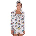 Seamless Pattern With Hand Drawn Bird Black Long Sleeve Hooded T-shirt