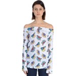 Seamless Pattern With Hand Drawn Bird Black Off Shoulder Long Sleeve Top