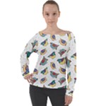 Seamless Pattern With Hand Drawn Bird Black Off Shoulder Long Sleeve Velour Top