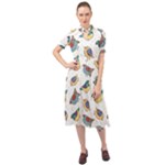 Seamless Pattern With Hand Drawn Bird Black Keyhole Neckline Chiffon Dress