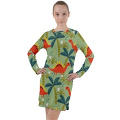 Cute Colorful Dinosaur Seamless Pattern Long Sleeve Hoodie Dress