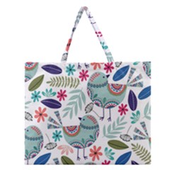 Floral Pattern With Birds Flowers Leaves Dark Background Zipper Large Tote Bag by Vaneshart