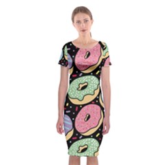Colorful Donut Seamless Pattern On Black Vector Classic Short Sleeve Midi Dress by Sobalvarro