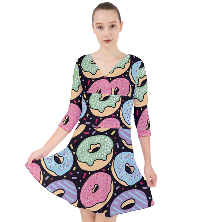Colorful Donut Seamless Pattern On Black Vector Quarter Sleeve Front Wrap Dress