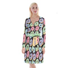 Colorful Donut Seamless Pattern On Black Vector Long Sleeve Velvet Front Wrap Dress by Sobalvarro