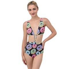 Colorful Donut Seamless Pattern On Black Vector Tied Up Two Piece Swimsuit by Sobalvarro