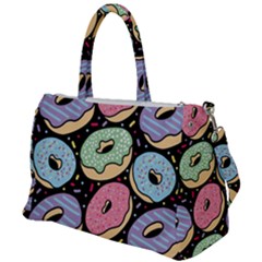 Colorful Donut Seamless Pattern On Black Vector Duffel Travel Bag by Sobalvarro