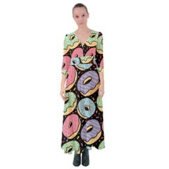 Colorful Donut Seamless Pattern On Black Vector Button Up Maxi Dress by Sobalvarro
