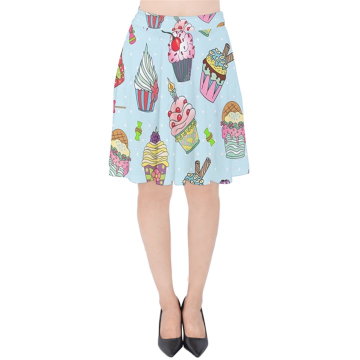 Cupcake Doodle Pattern Velvet High Waist Skirt