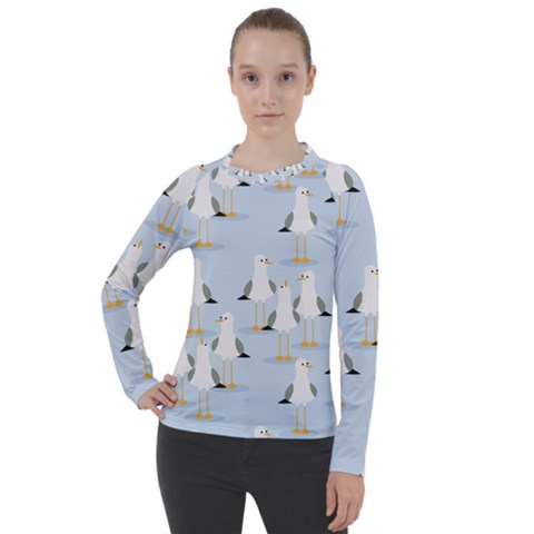Cute Seagulls Seamless Pattern Light Blue Background Women s Pique Long Sleeve Tee by Wegoenart