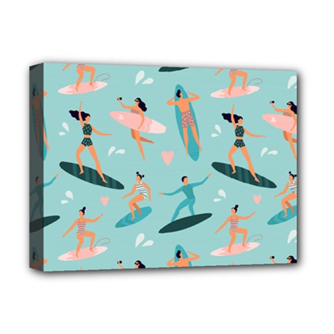 Beach Surfing Surfers With Surfboards Surfer Rides Wave Summer Outdoors Surfboards Seamless Pattern Deluxe Canvas 16  X 12  (stretched)  by Wegoenart