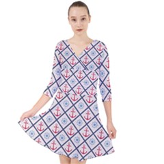 Seamless Pattern With Cross Lines Steering Wheel Anchor Quarter Sleeve Front Wrap Dress by Wegoenart