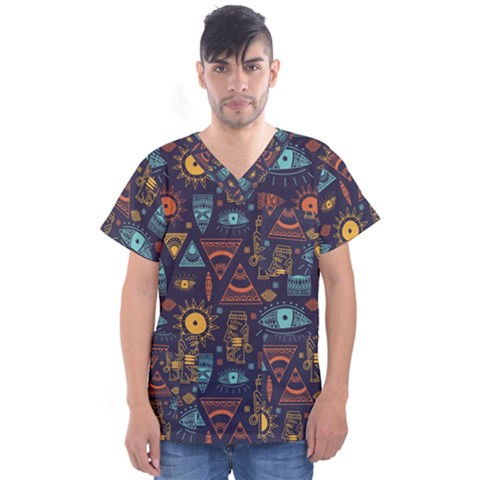 Trendy African Maya Seamless Pattern With Doodle Hand Drawn Ancient Objects Men s V-neck Scrub Top by Wegoenart