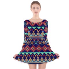 Pattern Tribal Style Long Sleeve Velvet Skater Dress by Wegoenart