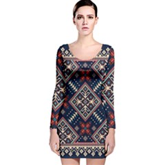 Ukrainian Folk Seamless Pattern Ornament Long Sleeve Velvet Bodycon Dress by Wegoenart