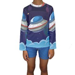 Ufo Alien Spaceship Galaxy Kids  Long Sleeve Swimwear by Vaneshart