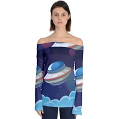 Ufo Alien Spaceship Galaxy Off Shoulder Long Sleeve Top by Vaneshart