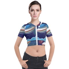 Ufo Alien Spaceship Galaxy Short Sleeve Cropped Jacket by Vaneshart