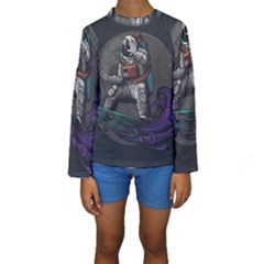 Illustration Astronaut Cosmonaut Paying Skateboard Sport Space With Astronaut Suit Kids  Long Sleeve Swimwear by Vaneshart