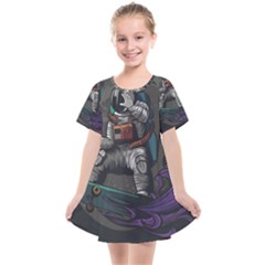 Illustration Astronaut Cosmonaut Paying Skateboard Sport Space With Astronaut Suit Kids  Smock Dress by Vaneshart