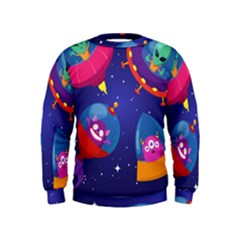 Cartoon Funny Aliens With Ufo Duck Starry Sky Set Kids  Sweatshirt by Vaneshart