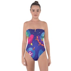 Cartoon Funny Aliens With Ufo Duck Starry Sky Set Tie Back One Piece Swimsuit by Vaneshart