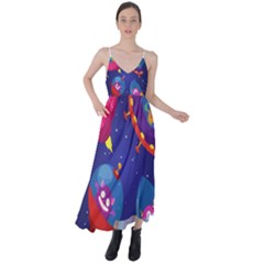 Cartoon Funny Aliens With Ufo Duck Starry Sky Set Tie Back Maxi Dress by Vaneshart