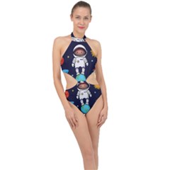 Boy Spaceman Space Rocket Ufo Planets Stars Halter Side Cut Swimsuit by Vaneshart