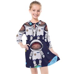 Boy Spaceman Space Rocket Ufo Planets Stars Kids  Quarter Sleeve Shirt Dress by Vaneshart