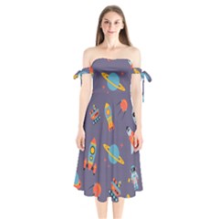 Space Seamless Pattern Shoulder Tie Bardot Midi Dress by Vaneshart