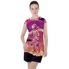 Astronaut Spacesuit Standing Surfboard Surfing Milky Way Stars Drawstring Hooded Dress by Vaneshart